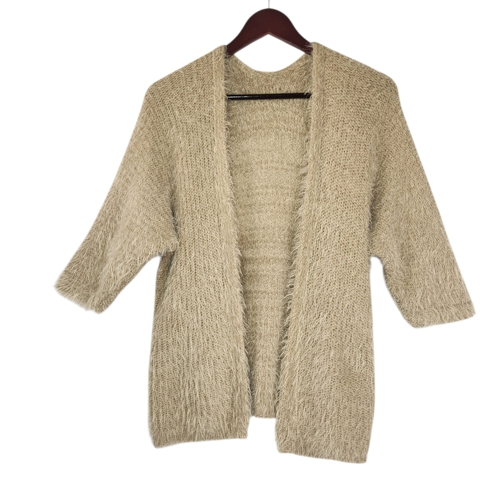 Women's Fuzzy Open Front Cardigan Tan Beige 3/4 Sleeve Made In Italy